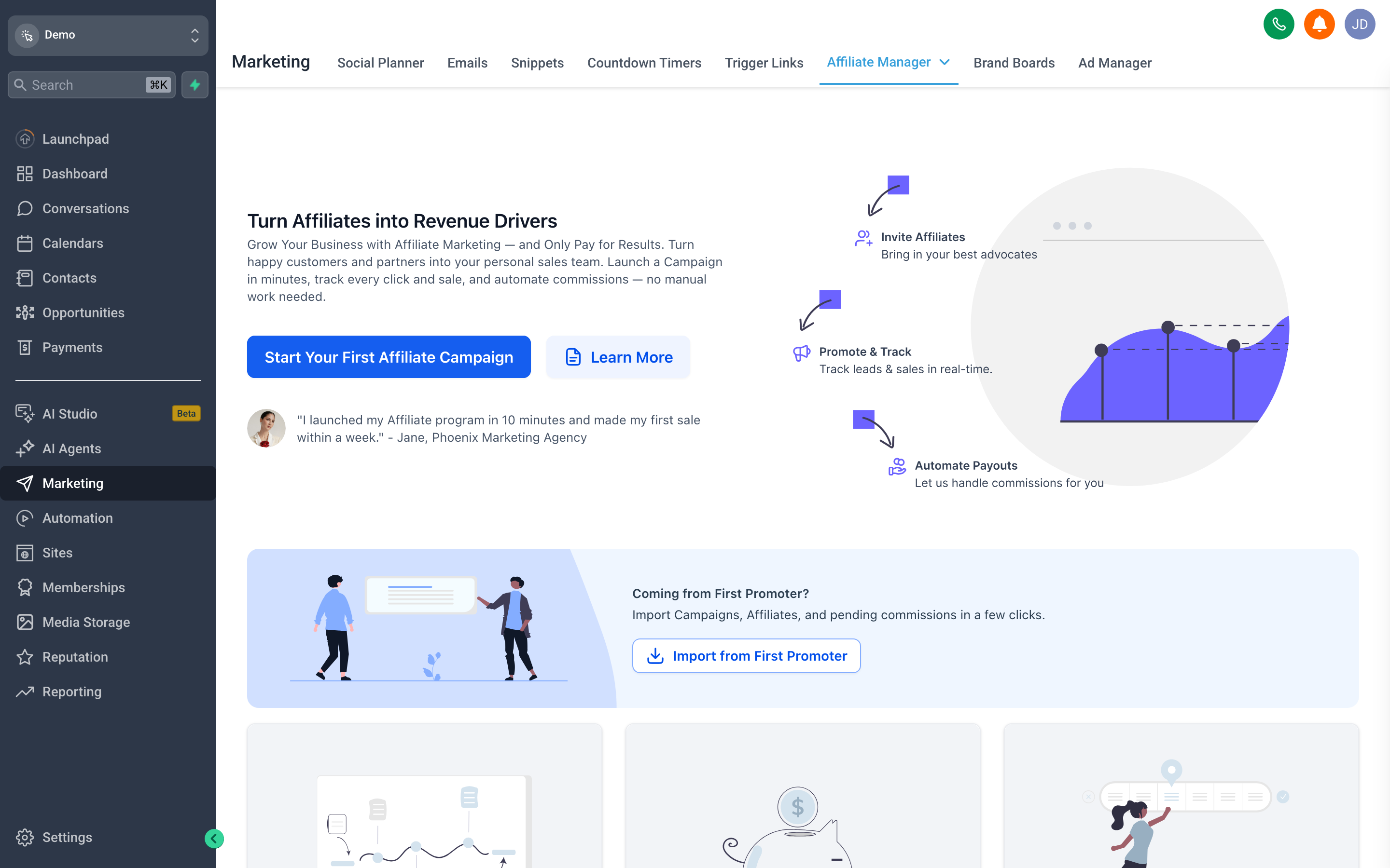 The Affiliate Manager dashboard showing affiliate accounts with their unique referral links, commission rates, conversion counts, and payout totals