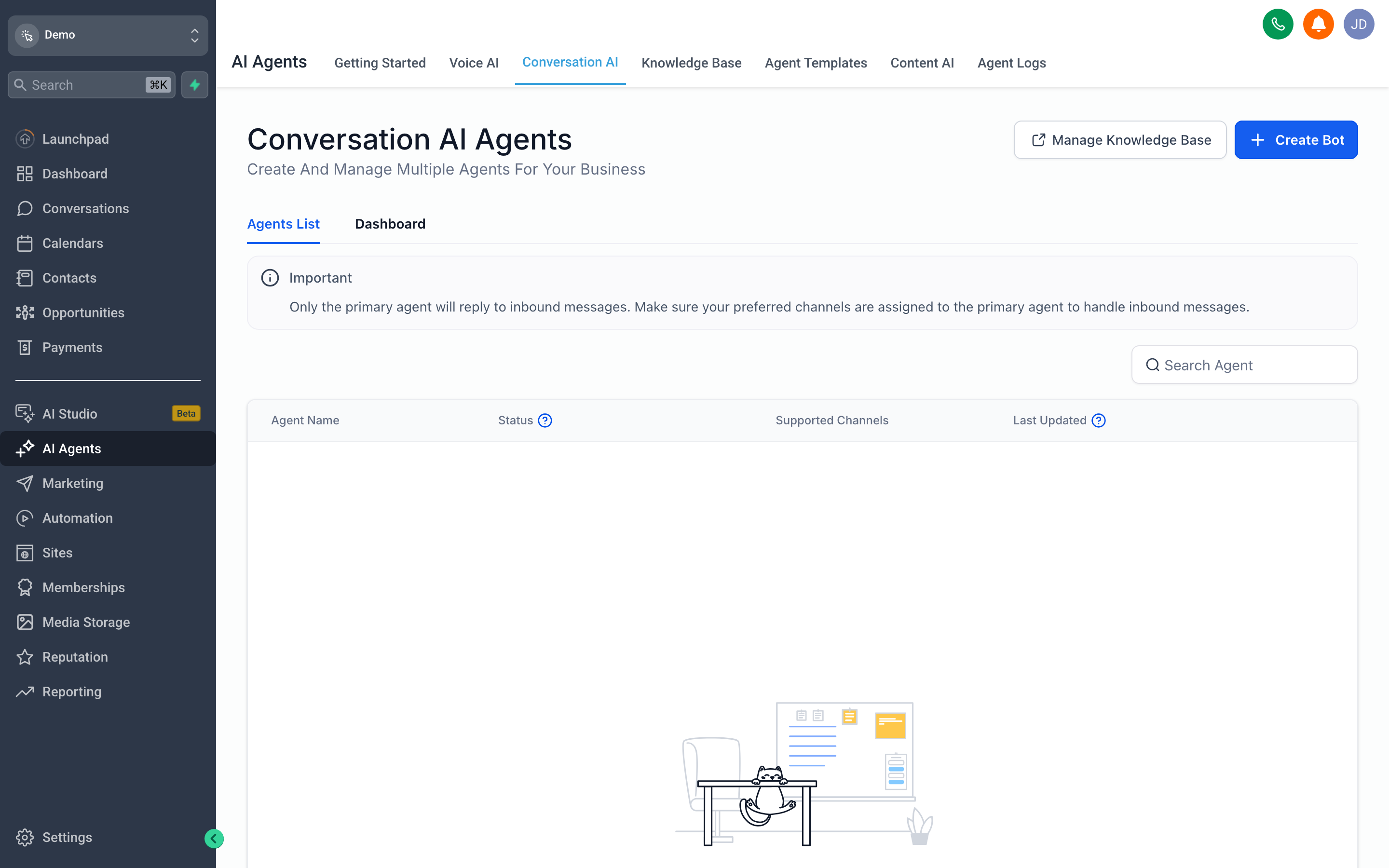 The Conversation AI configuration screen showing the bot persona, knowledge base, and channel toggles
