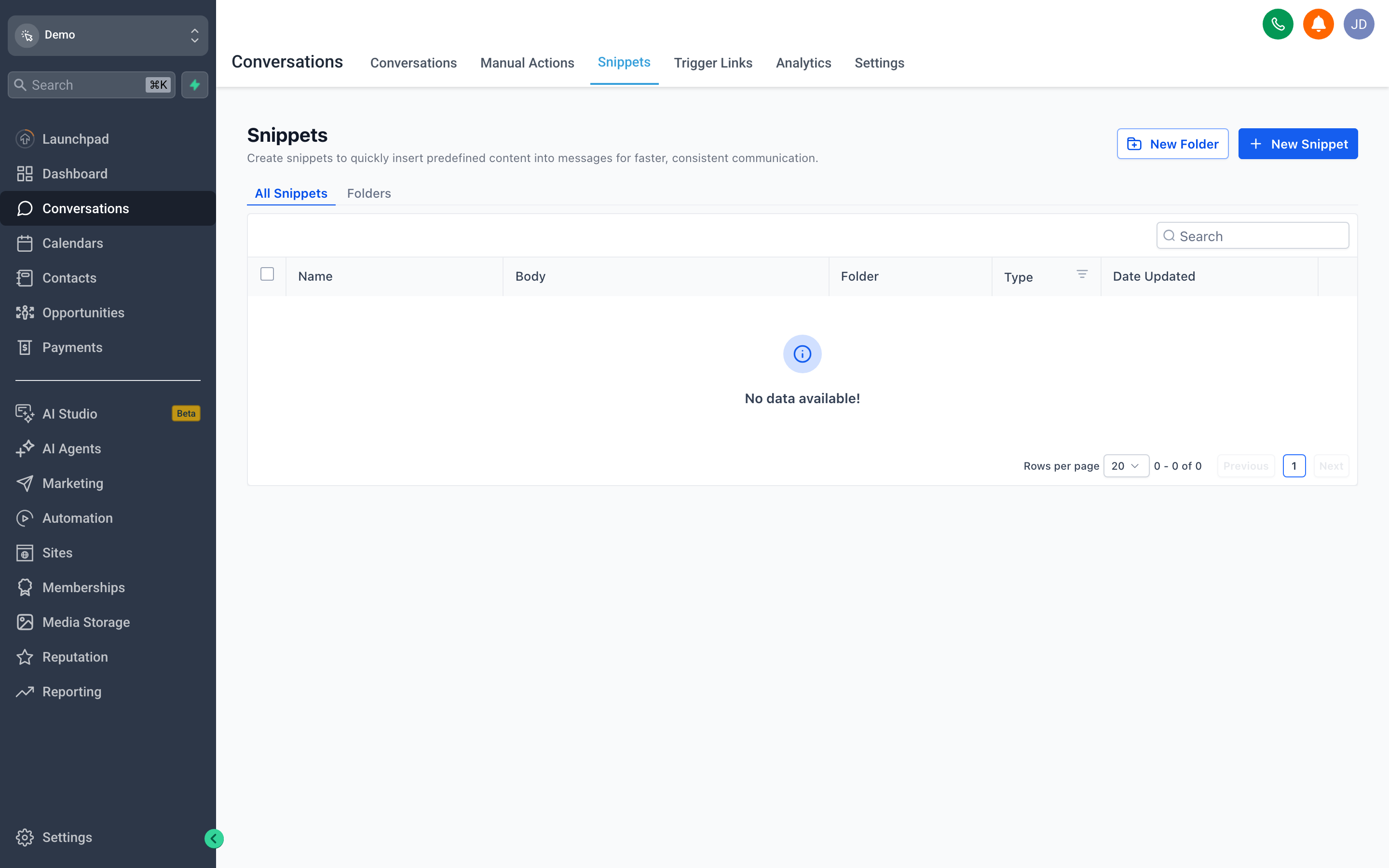 The Snippets panel open inside a conversation, showing a list of saved reply templates ready to insert