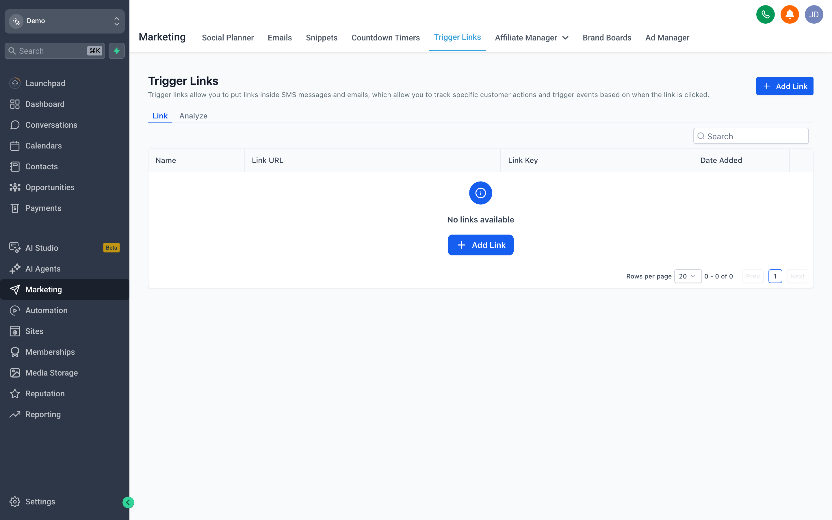 The Trigger Links manager showing a list of trackable links with their target URLs, associated workflows, and click counts