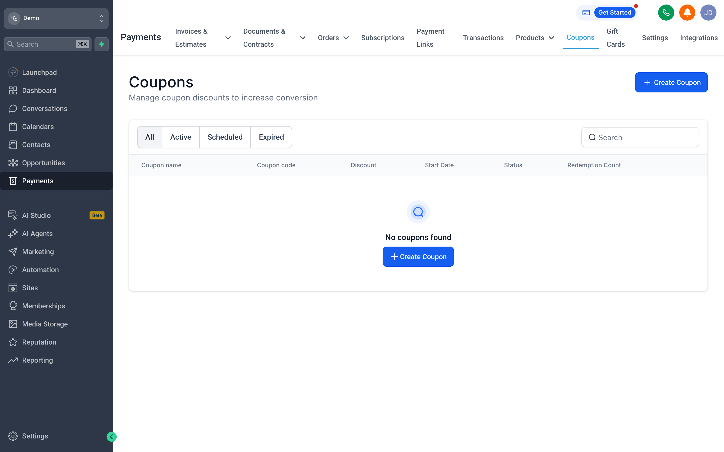 The Coupons tab showing a list of discount codes with usage limits and expiry dates