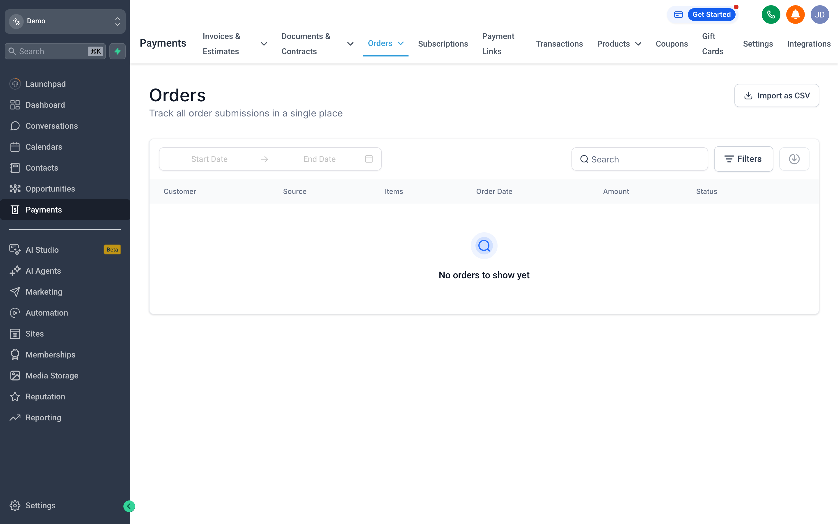The Orders tab showing a list of completed purchases with contact names, products, and totals