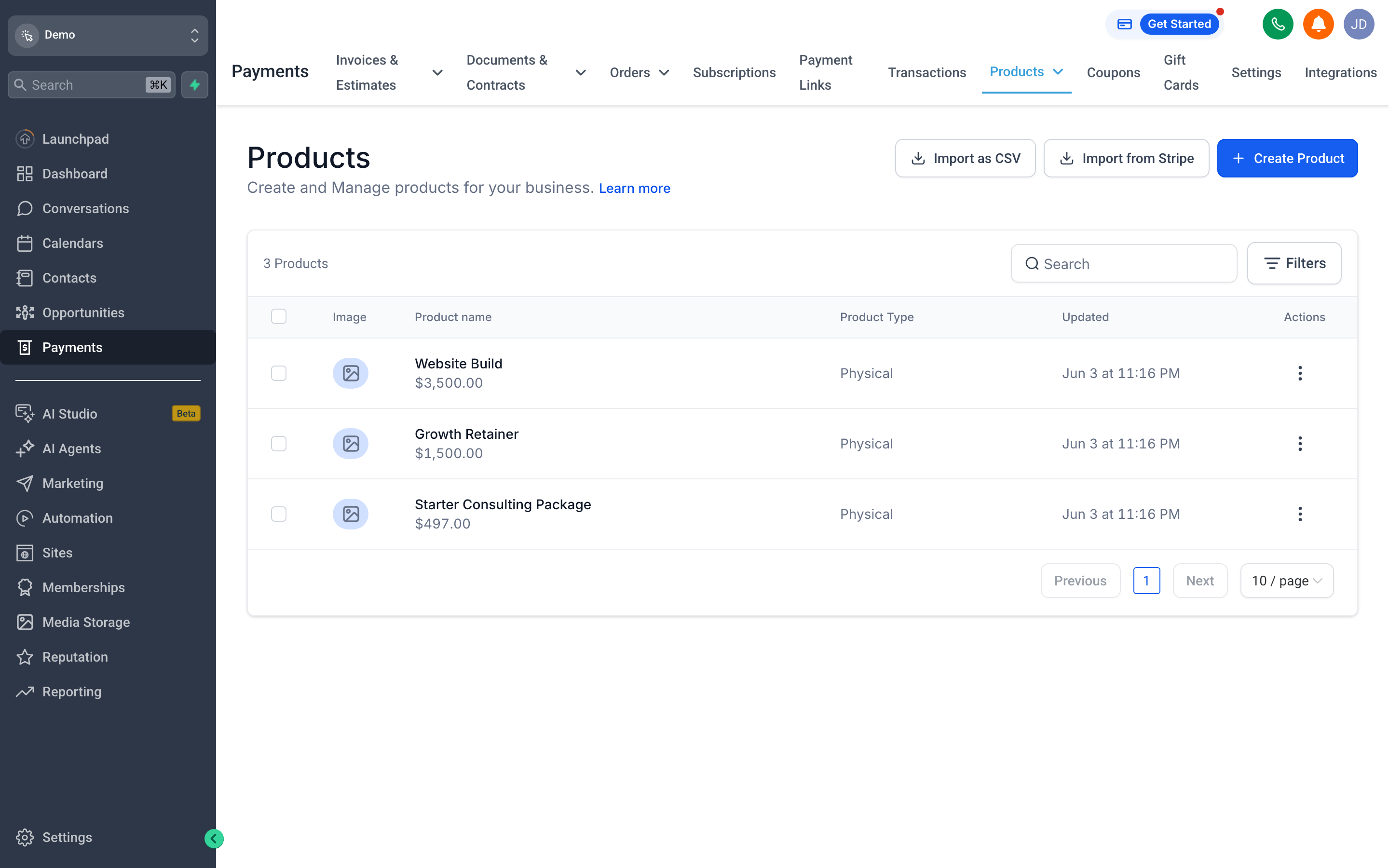The Products tab showing a catalog of services with names, descriptions, and prices