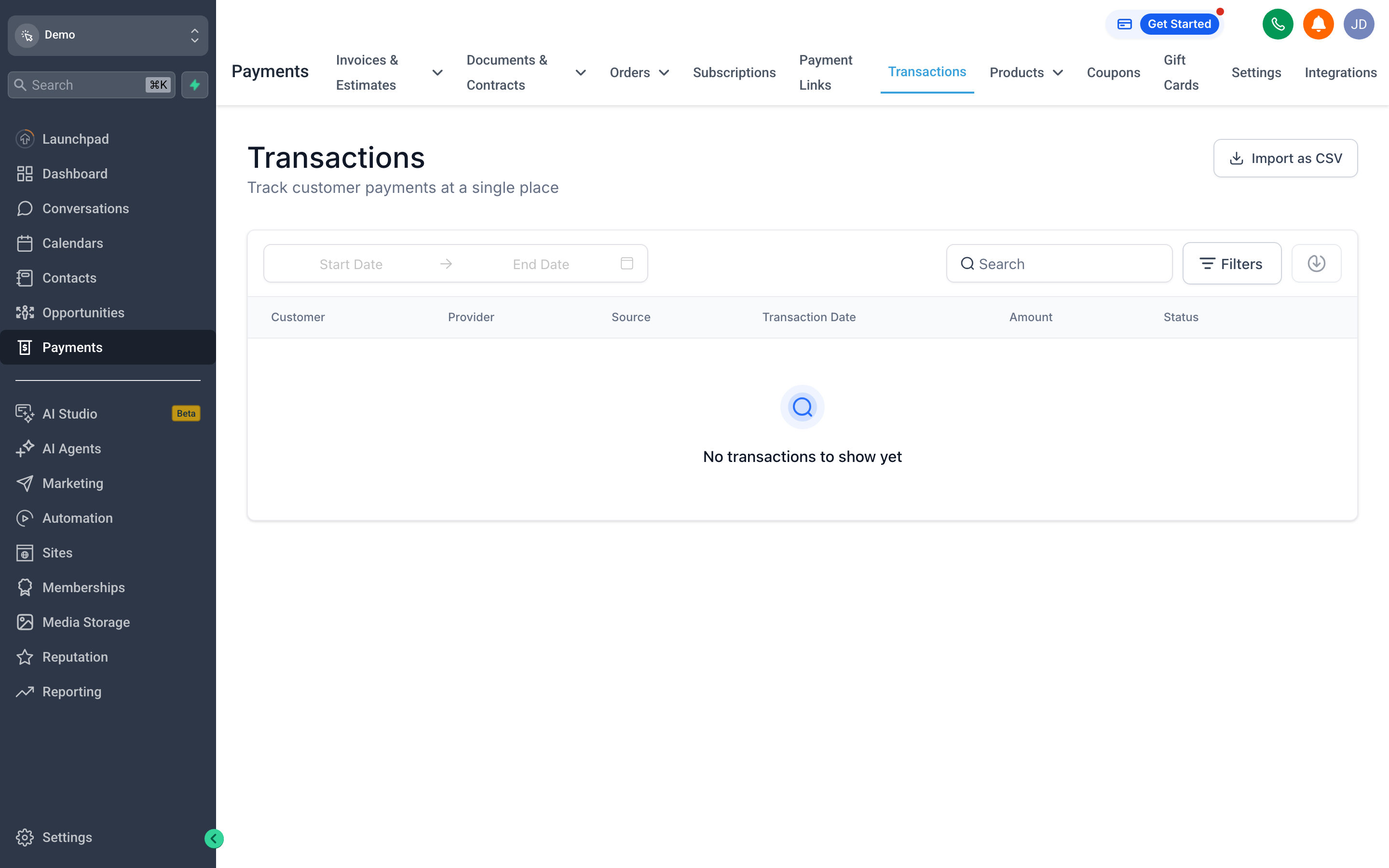 The Transactions tab showing a detailed ledger of money in and out across all payment methods