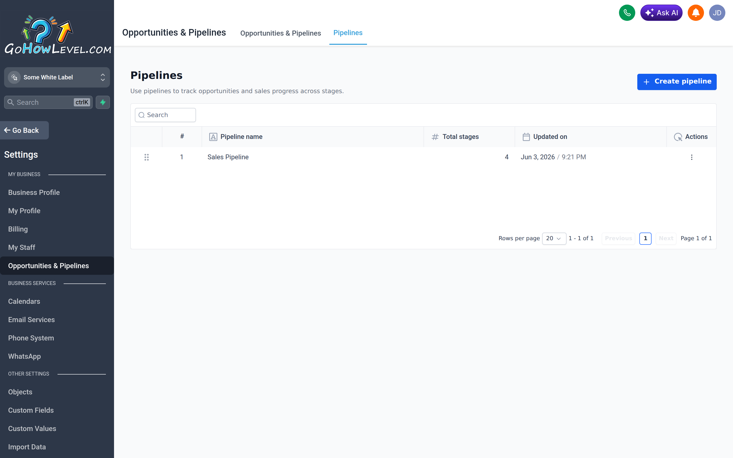 The Opportunities and Pipelines settings screen showing pipelines and their stages