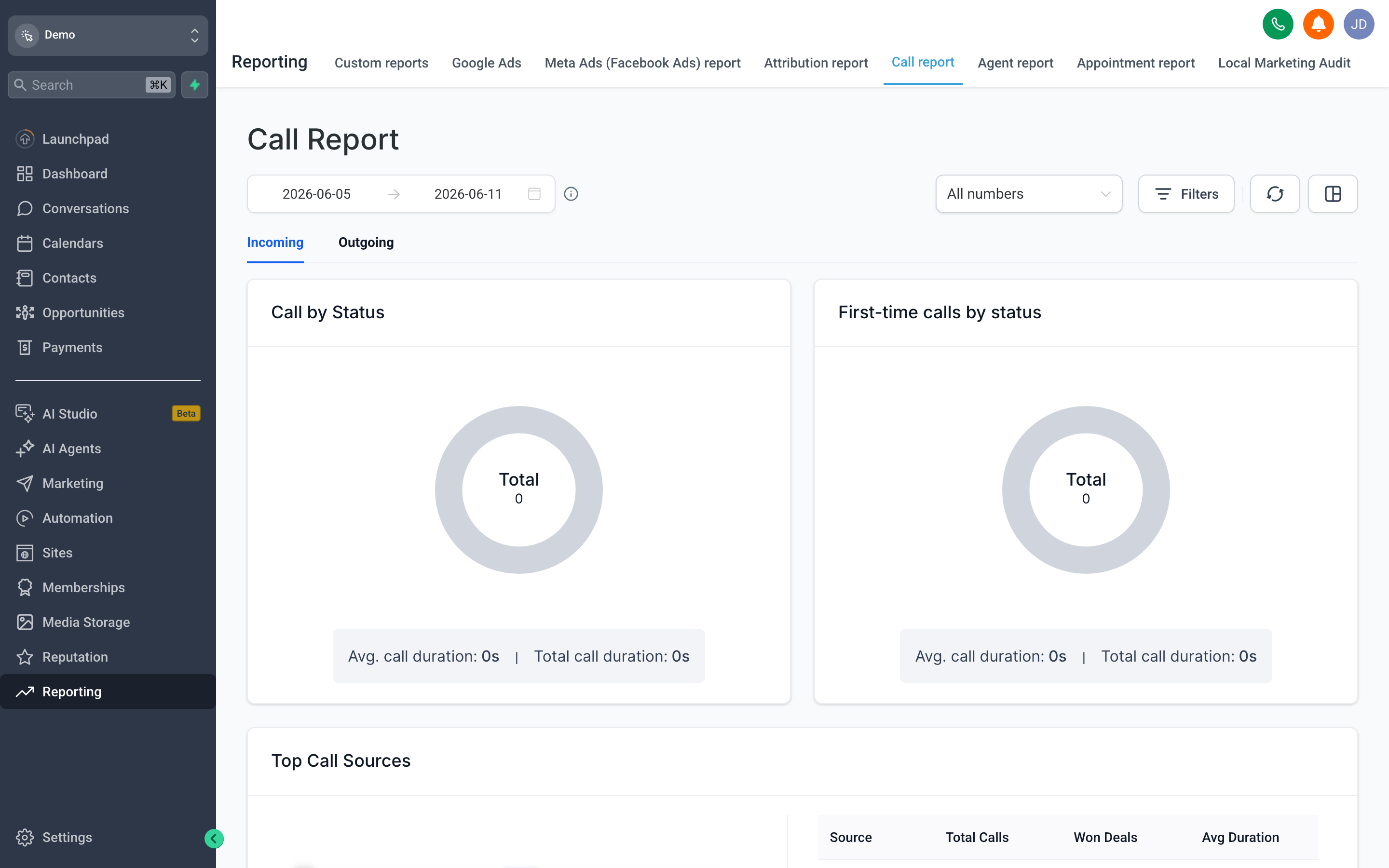 Call & Agent Reporting in {{brandName}} — Track how your team performs — calls handled, opportunities created, and deals won — and compare agents or time periods.
