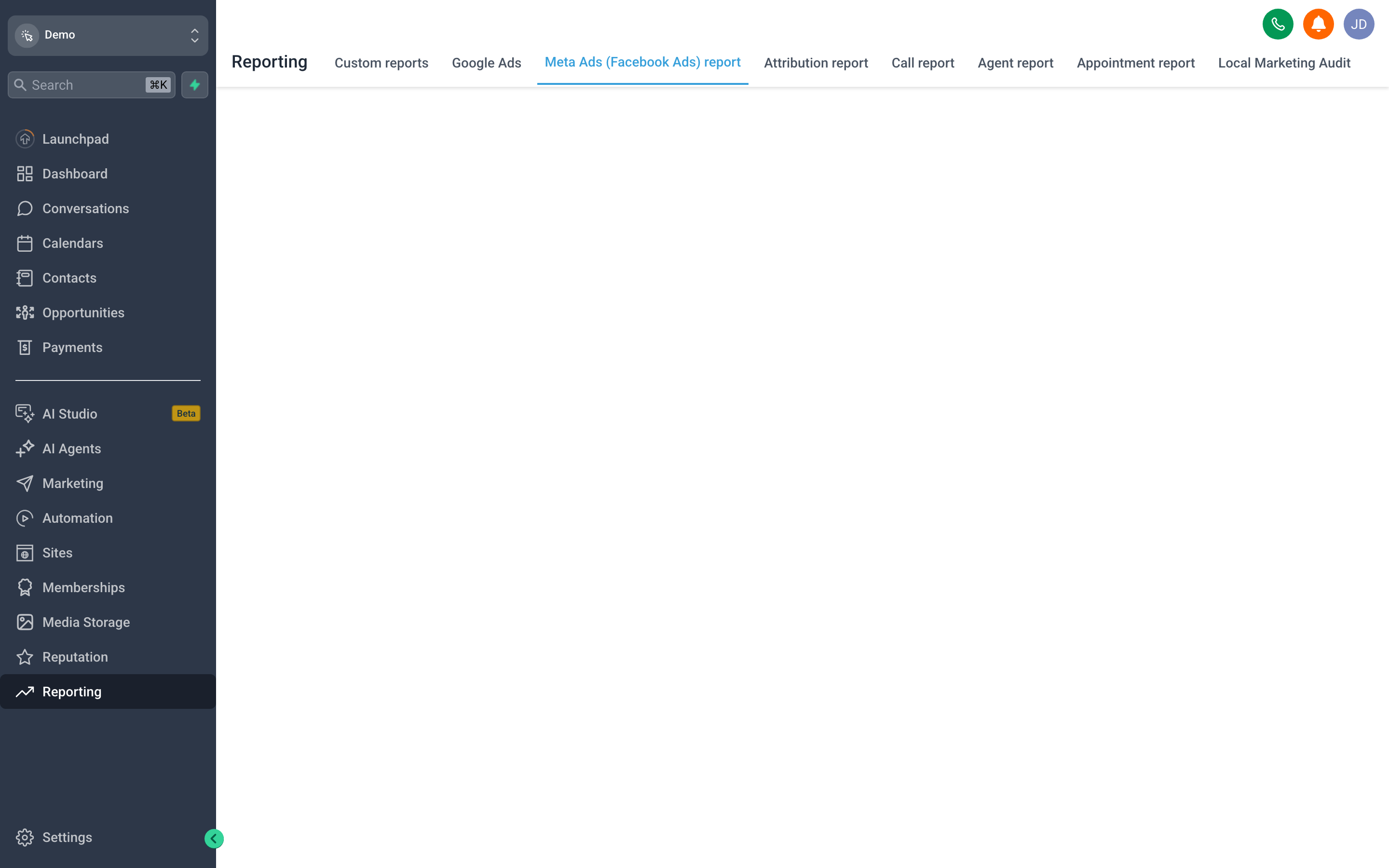 Facebook Ads Reporting in {{brandName}} — a dashboard of campaign spend, leads, and cost-per-result once an ad account is connected