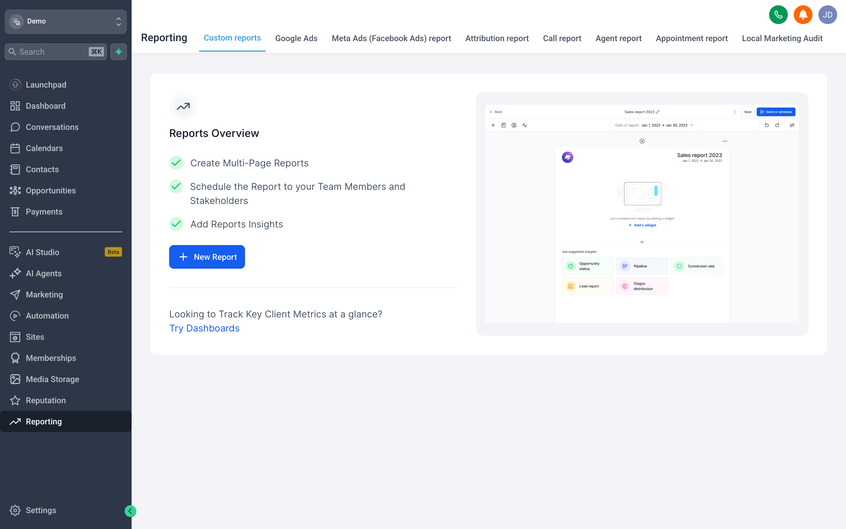 Reports Hub in {{brandName}} — Your reporting command center — appointments, calls, sales, and more, each in its own report, with dashboard insights for the trends.