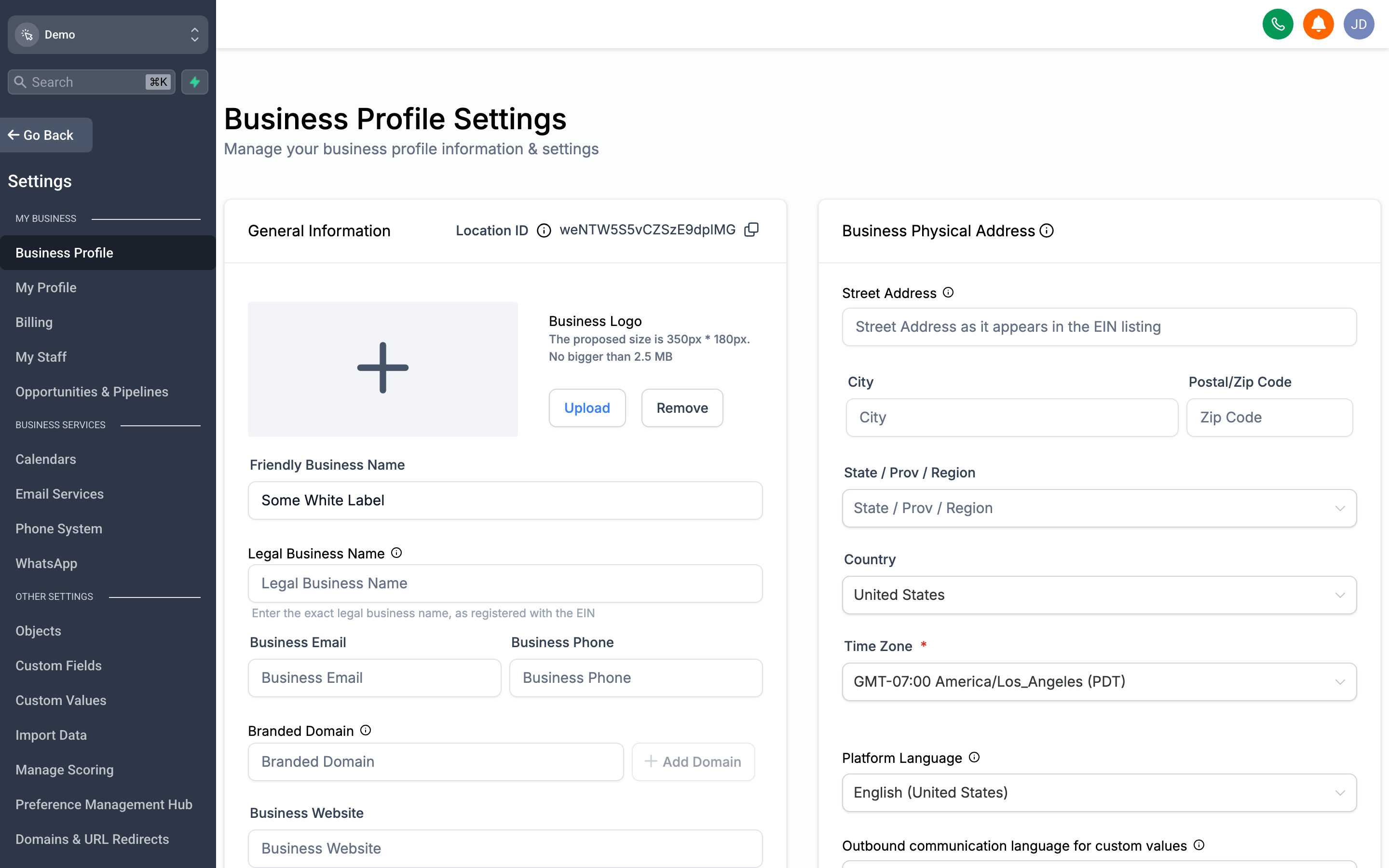 The Business Info settings page showing fields for company name, address, phone, website, and business hours