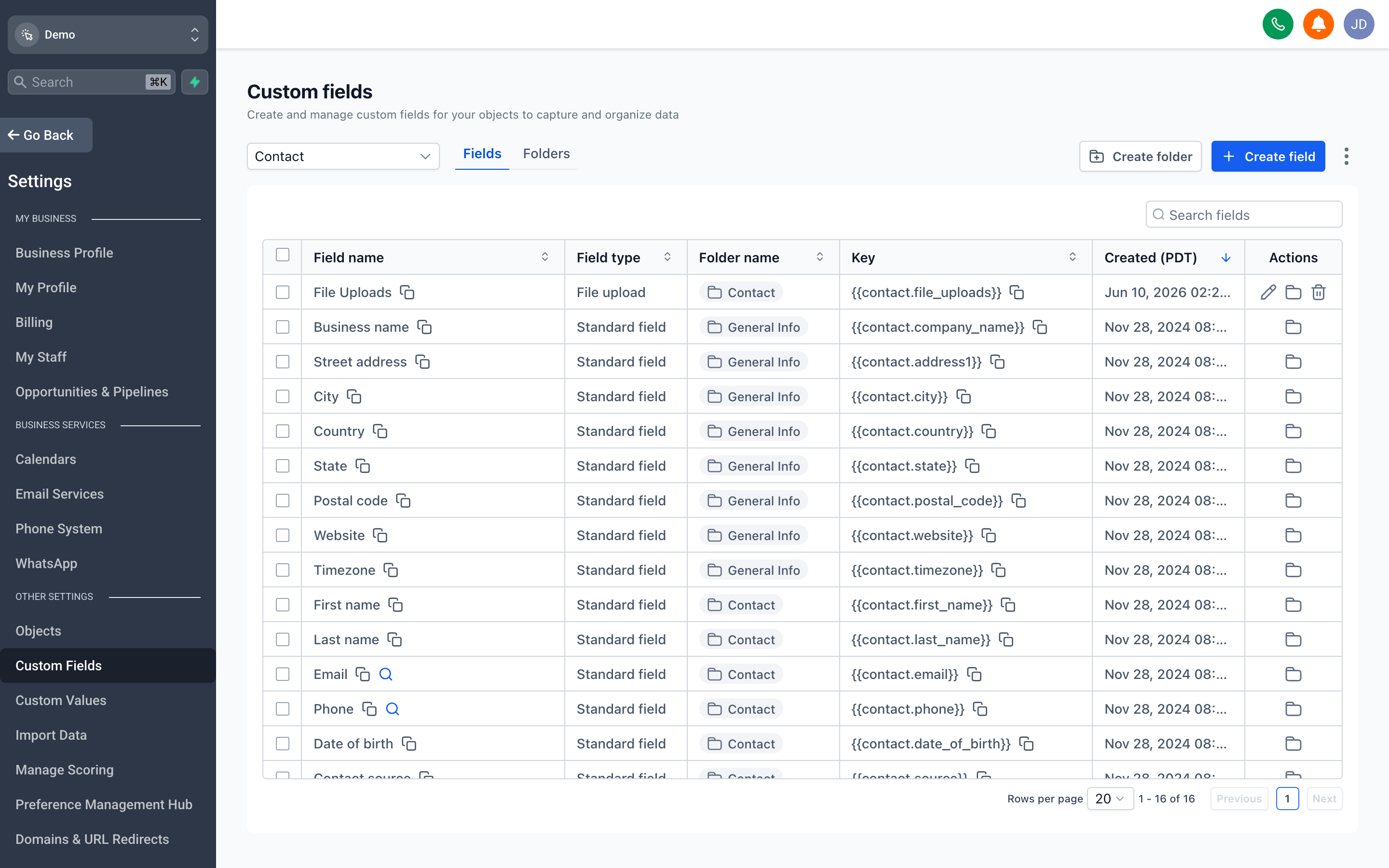 The Custom Fields settings page showing a list of contact fields with their types and labels