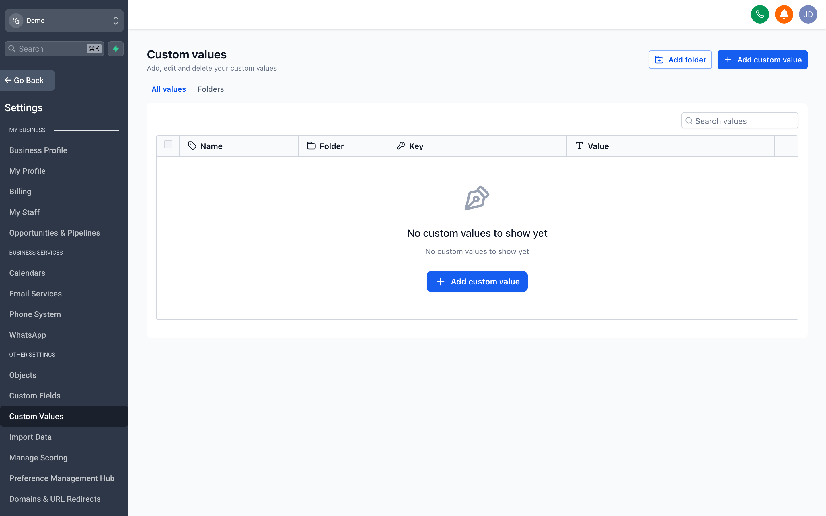 The Custom Values settings page showing a list of reusable variable names and their current values