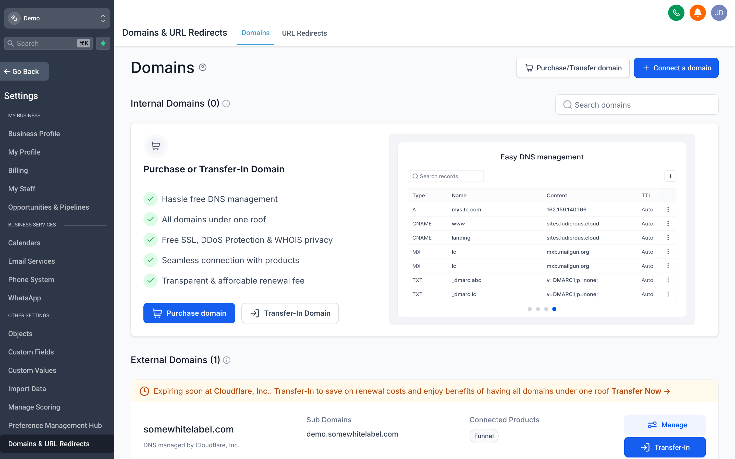 The Domains settings page showing a custom domain connected to the account with SSL status and assignment options