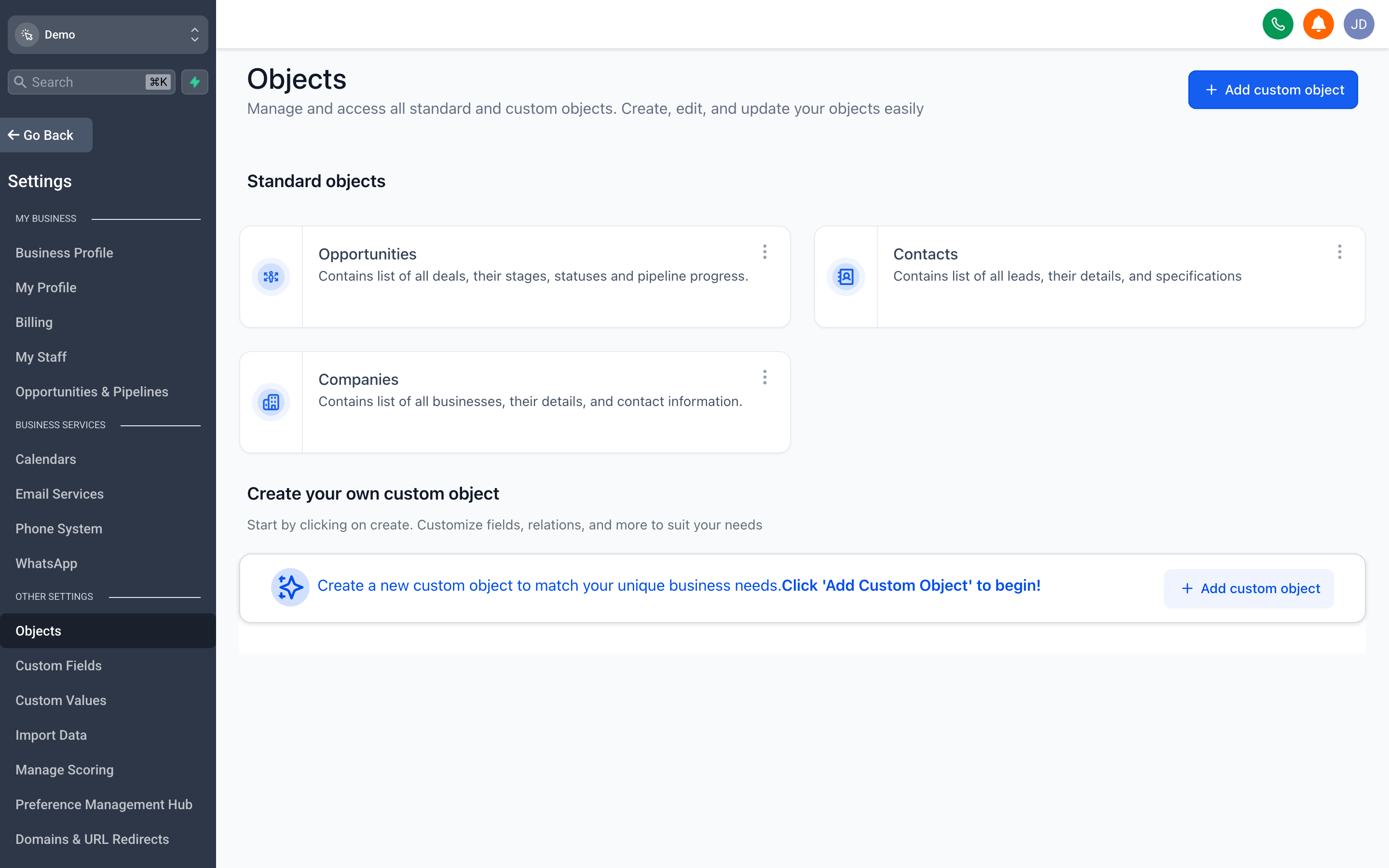 The Custom Objects settings page showing a list of object types with their fields and relationship definitions