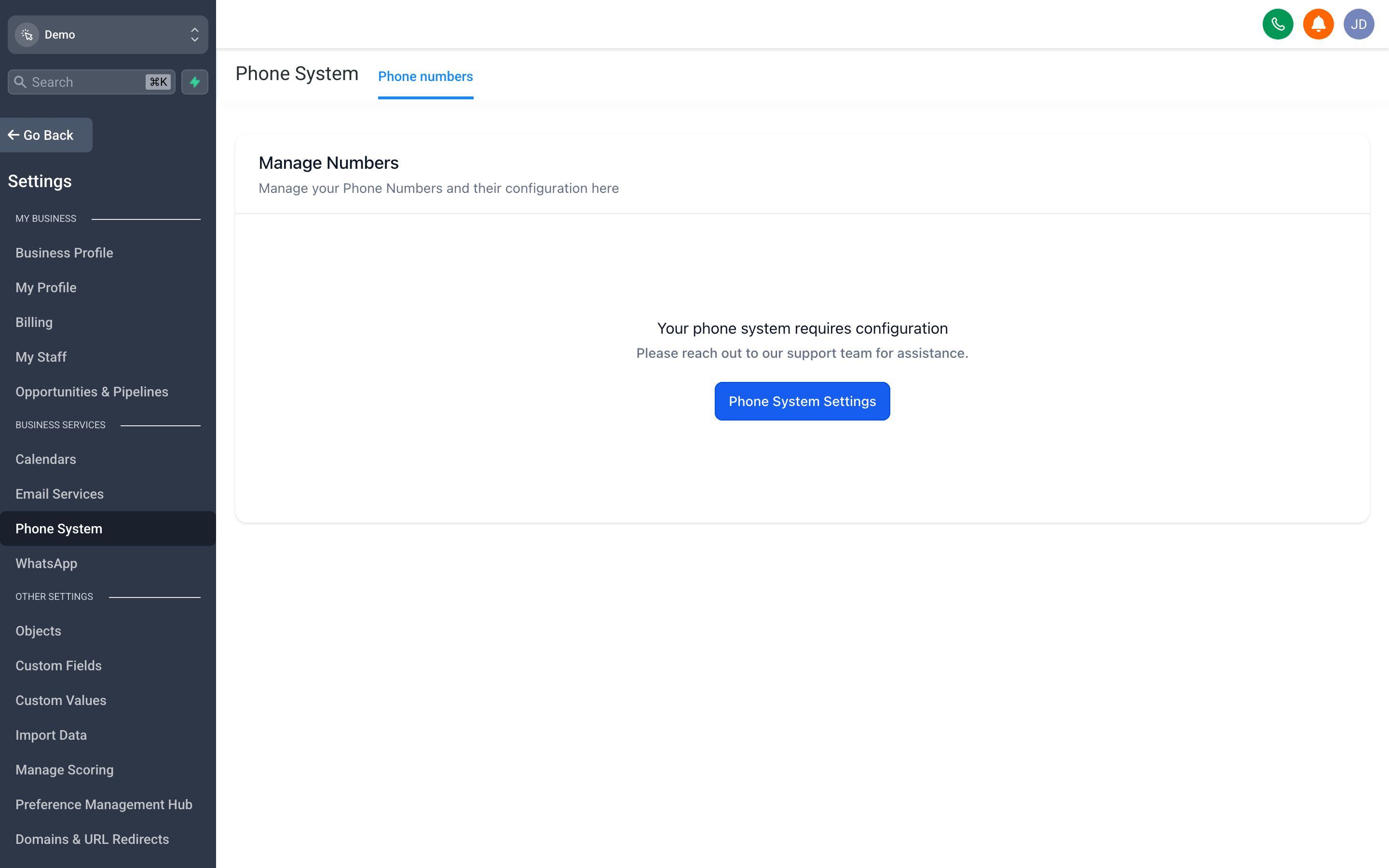 The Phone Settings page showing a list of purchased phone numbers with their capabilities and assignment status