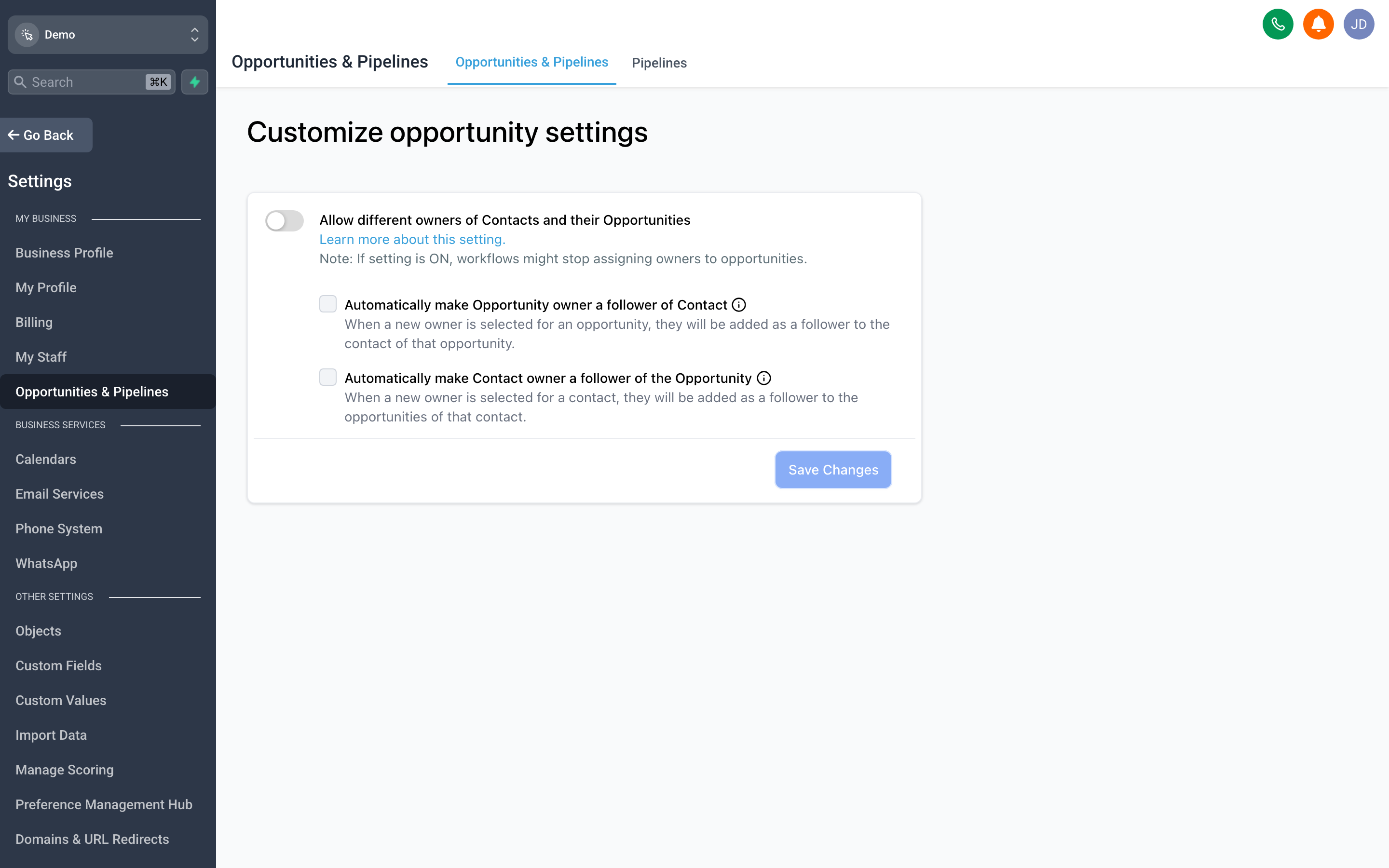 The Pipelines settings page showing a list of pipelines with their stages displayed as columns