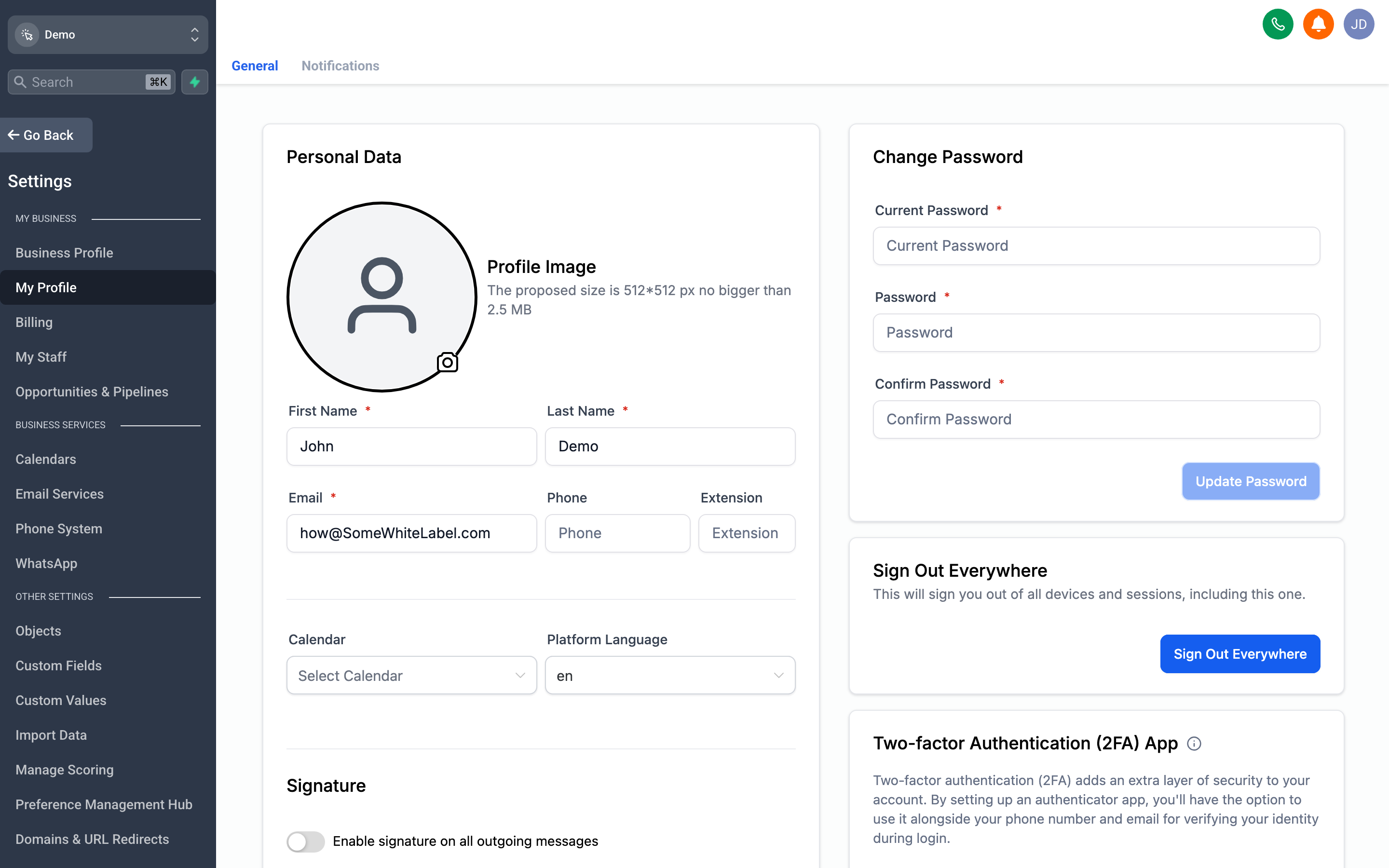 The My Profile page with fields for name, email, password, notification preferences, and email signature
