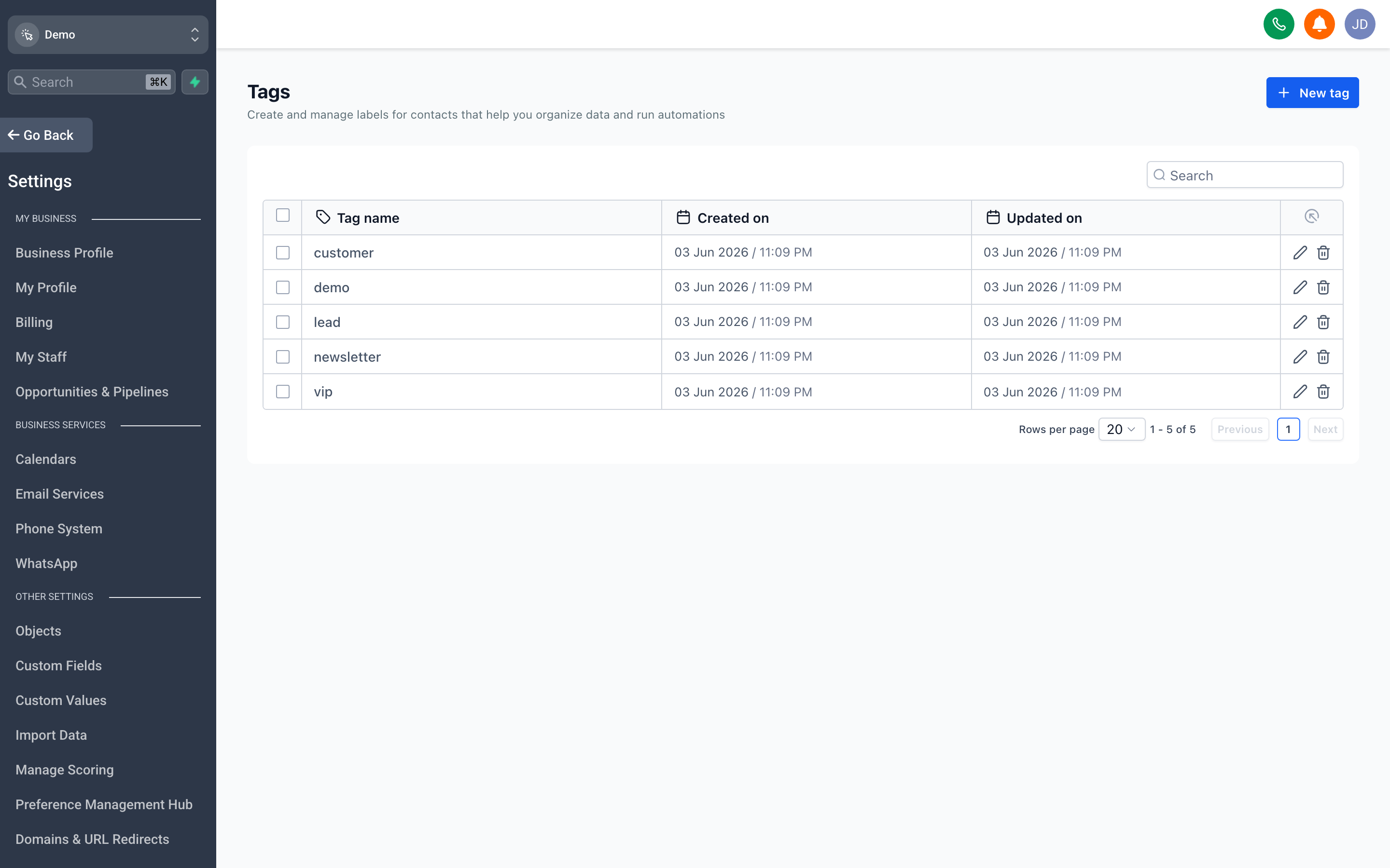 The Tags settings page showing a searchable list of tags used across the account with contact counts