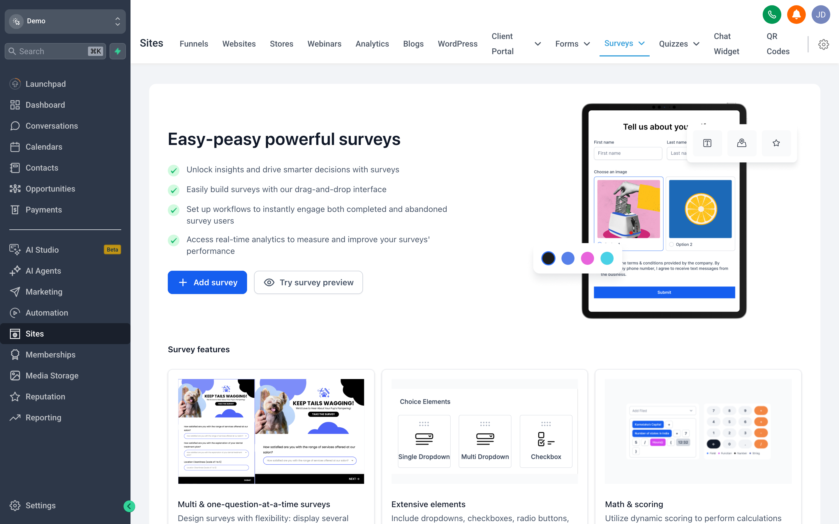 The survey builder showing a multi-step survey with branching logic configured between questions, and the step navigation visible at the top